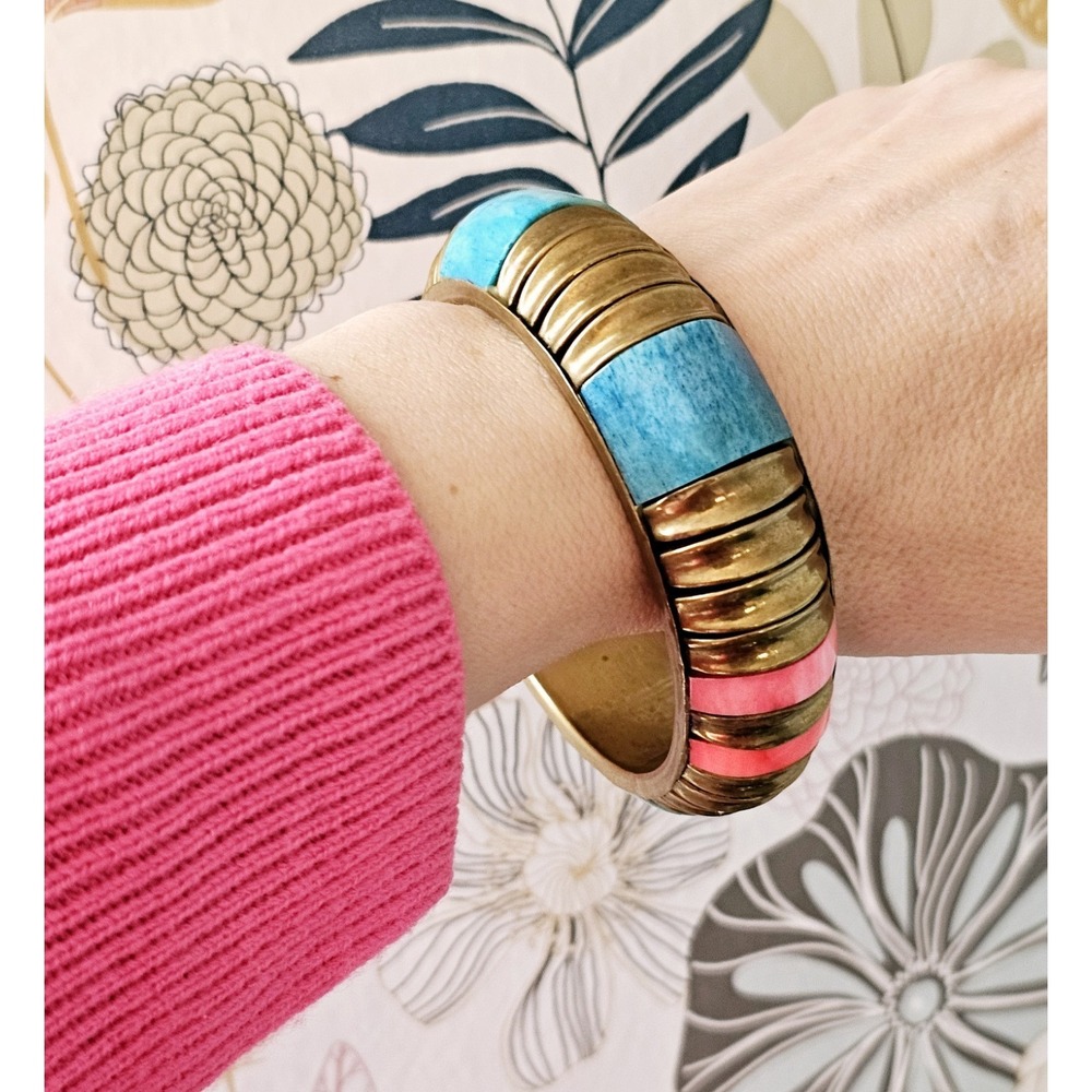 Vintage Brass Dyed Bone BOHO Bangle Bracelet Turquoise And Pink